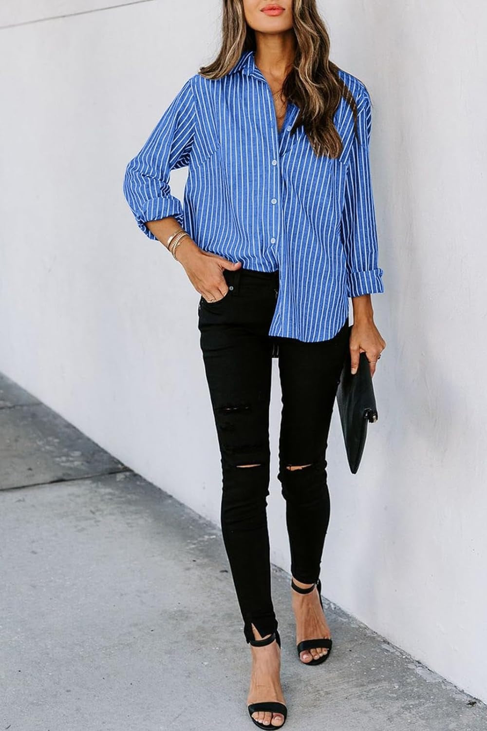 Striped Button Up Long Sleeve Shirt Trendsi