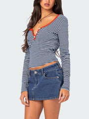 Buttoned Striped Long Sleeve T-Shirt - Trendsi