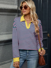 Striped Johnny Collar Long Sleeve Sweatshirt - Trendsi