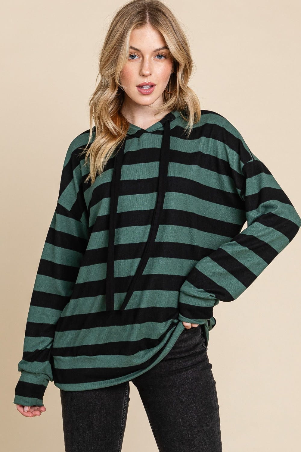 BOMBOM Drawstring Striped Dropped Shoulder Hoodie - Trendsi