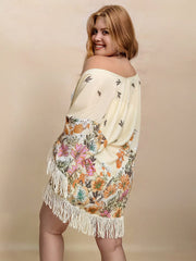 Plus Size Fringe Printed Open Front Cardigan - Trendsi