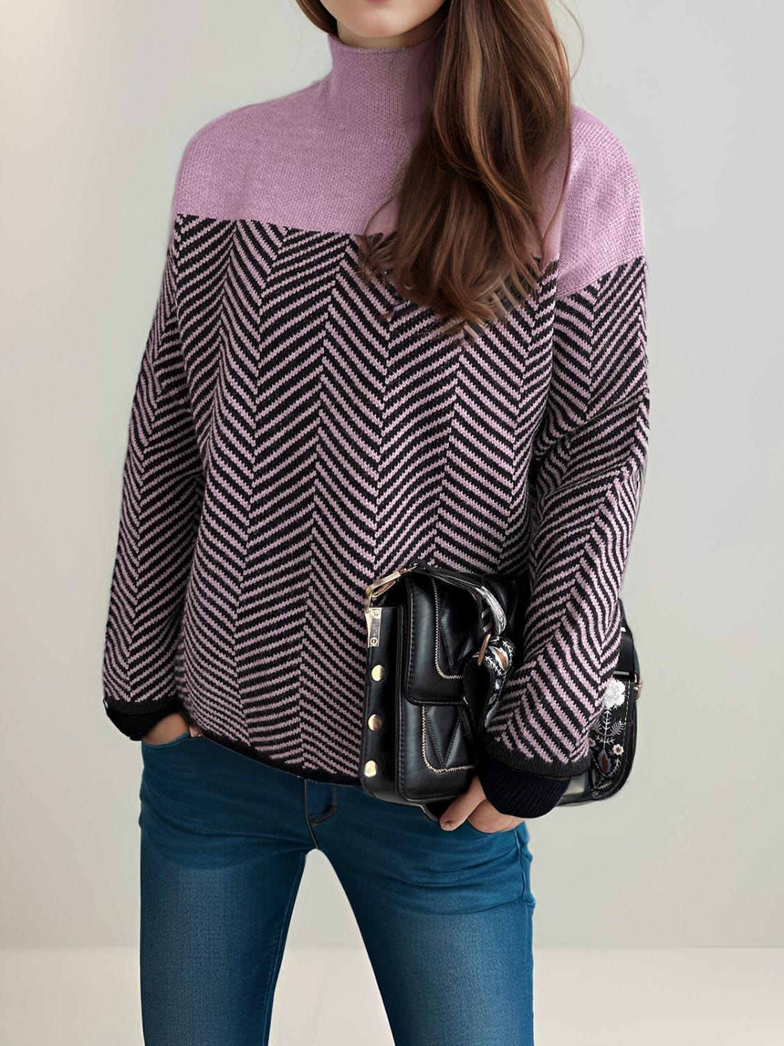 Contrast Turtleneck Long Sleeve Sweater - Trendsi