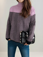 Contrast Turtleneck Long Sleeve Sweater - Trendsi