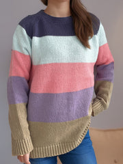 Color Block Round Neck Long Sleeve Sweater - Trendsi