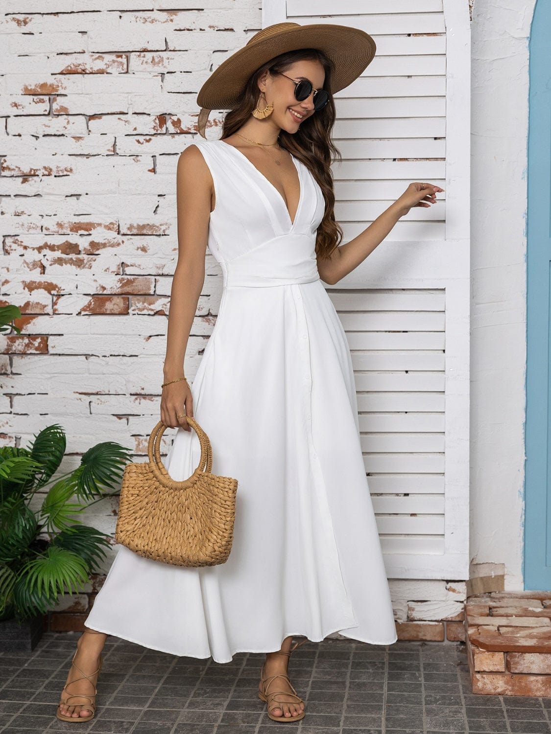 Full Size Slit V-Neck Sleeveless Midi Dress - Trendsi