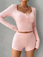 Scoop Neck Long Sleeve Top and Shorts Set Trendsi