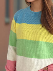 Color Block Round Neck Long Sleeve Sweater - Trendsi