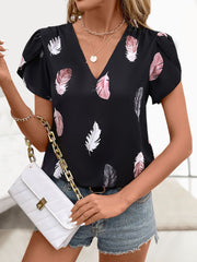 Printed V-Neck Short Sleeve Blouse Trendsi