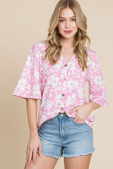 BOMBOM Floral Decorative Button V-Neck Top - Trendsi