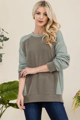 Celeste Full Size High-Low Contrast Round Neck Sweatshirt - Trendsi