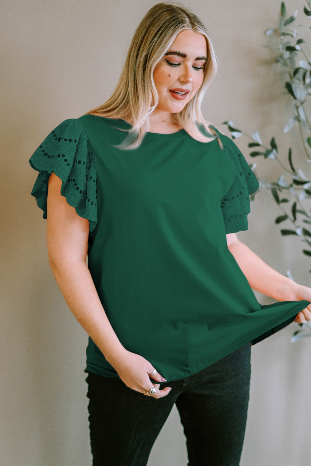 Plus Size Eyelet Round Neck Short Sleeve Blouse - Flyclothing LLC