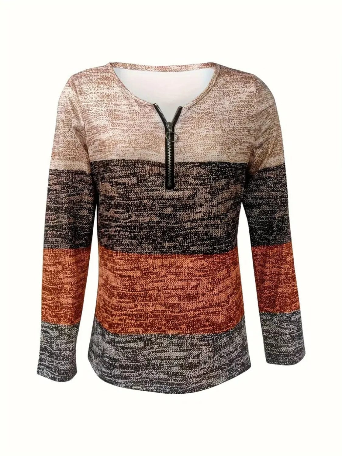 Color Block Quarter Zip Long Sleeve Blouse - Trendsi