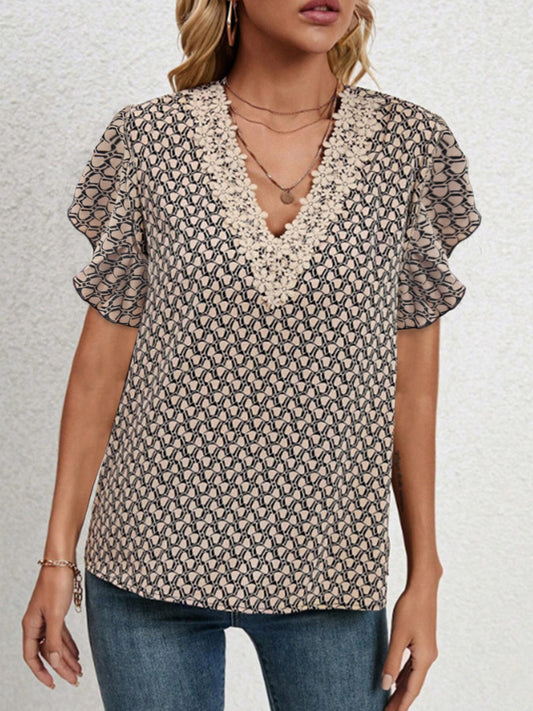 Lace Detail Printed V-Neck Flounce Sleeve Blouse - Flyclothing LLC