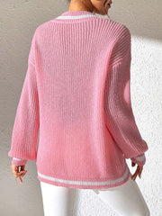 Contrast Trim V-Neck Long Sleeve Sweater - Trendsi