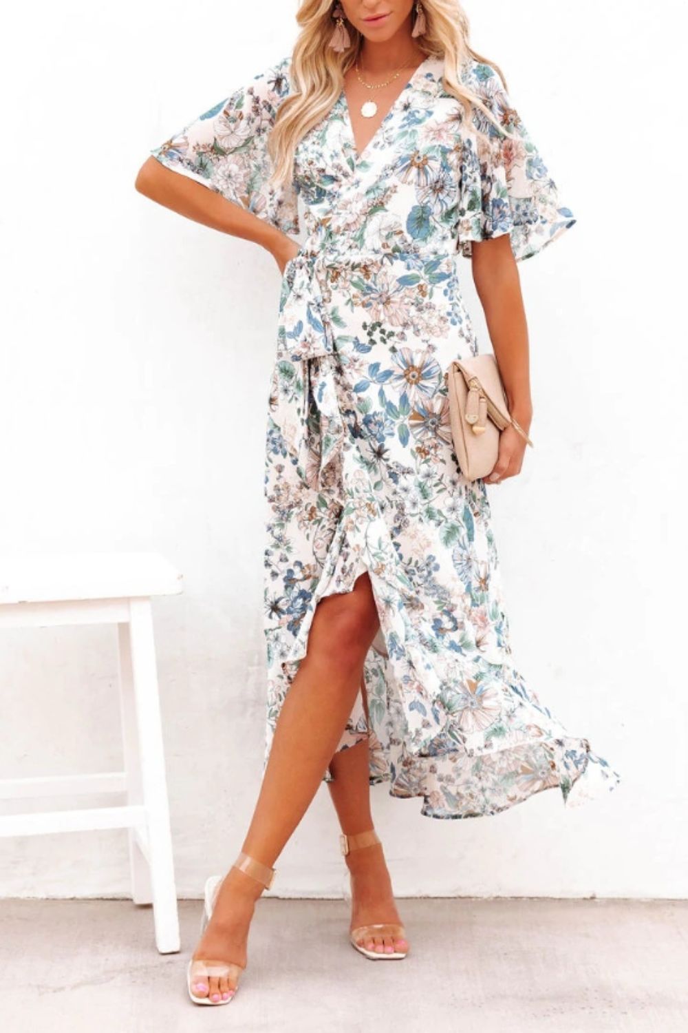 High-Low Printed Surplice Flutter Sleeve Midi Dress Trendsi