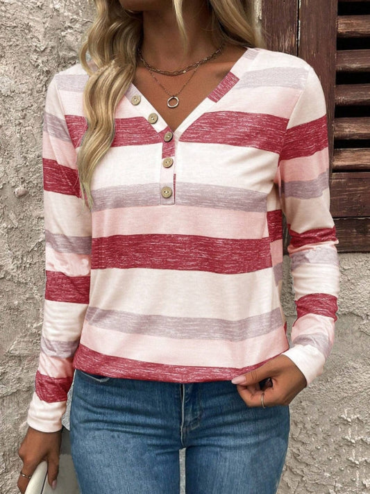 Contrast Striped V-Neck Long Sleeve T-Shirt - Trendsi