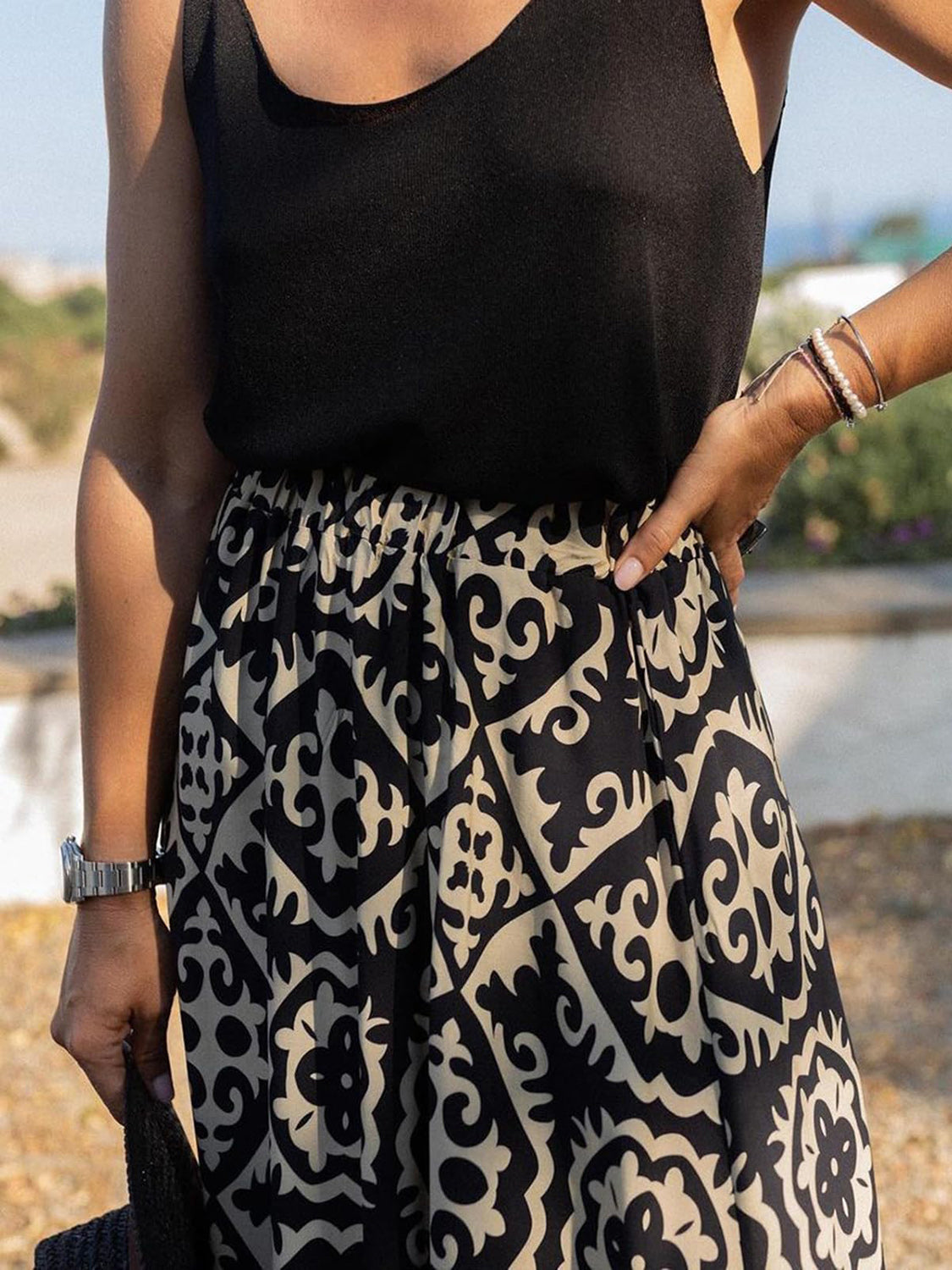 Geometric Elastic Waist Maxi Skirt Trendsi