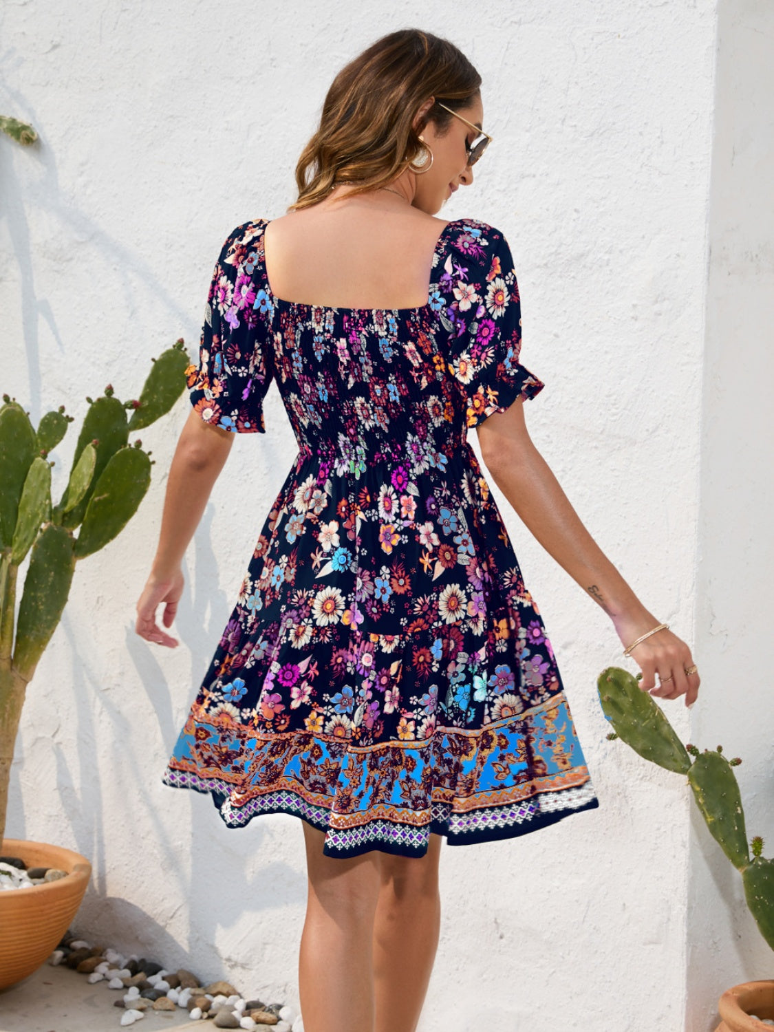 Printed Square Neck Short Sleeve Dress - Flyclothing LLC