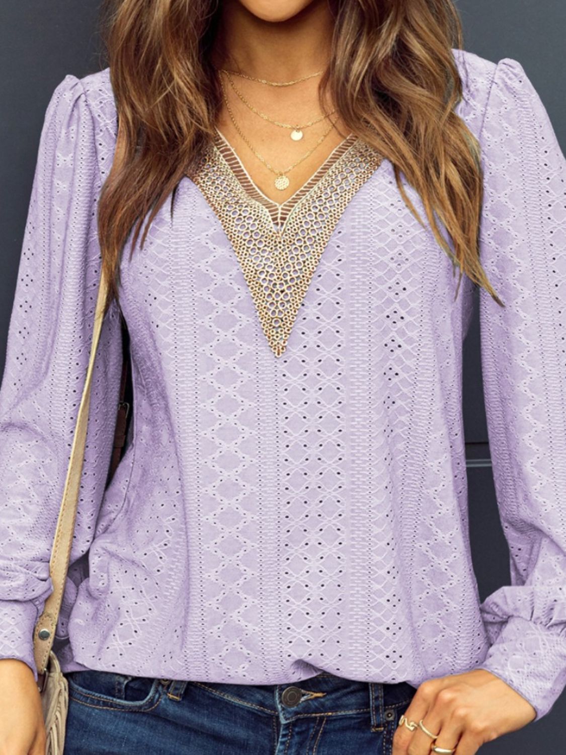 Eyelet V-Neck Long Sleeve Blouse - Flyclothing LLC