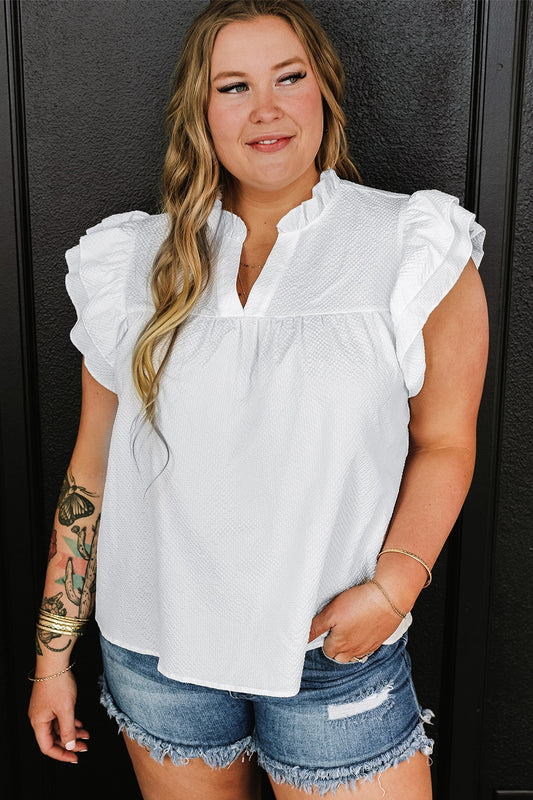 Plus Size Ruffled Notched Cap Sleeve Blouse Trendsi