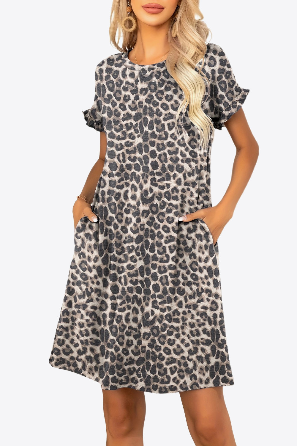 Flounce Sleeve Round Neck Dress with Pockets - Flyclothing LLC