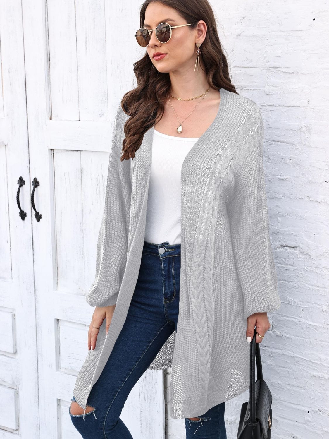 Cable-Knit Open Front Long Sleeve Cardigan - Trendsi