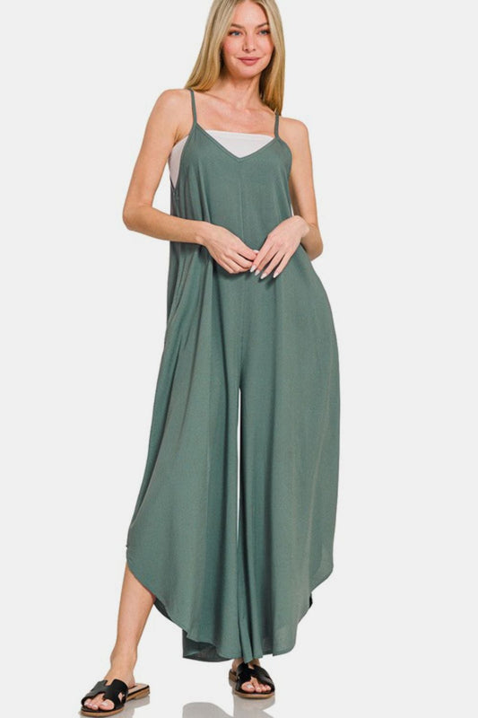 Zenana Sleeveless Curved Hem Wide Leg Overalls with Pockets