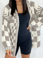 Checkered Open Front Long Sleeve Cardigan - Trendsi