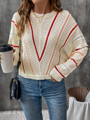 Eyelet Round Neck Long Sleeve Sweater - Trendsi