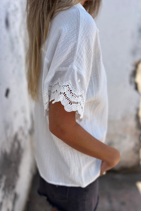 Lace Detail Collared Neck Short Sleeve Blouse Trendsi