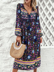 Tassel Tied Printed Long Sleeve Dress - Flyclothing LLC