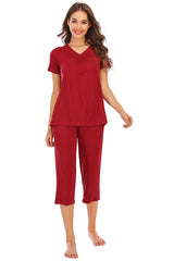 V-Neck Short Sleeve Top and Pants Lounge Set - Flyclothing LLC