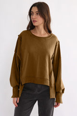 Exposed Seam High-Low Long Sleeve Sweatshirt - Trendsi