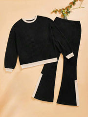 Contrast Round Neck Long Sleeve Top and Bootcut Pants Set - Trendsi