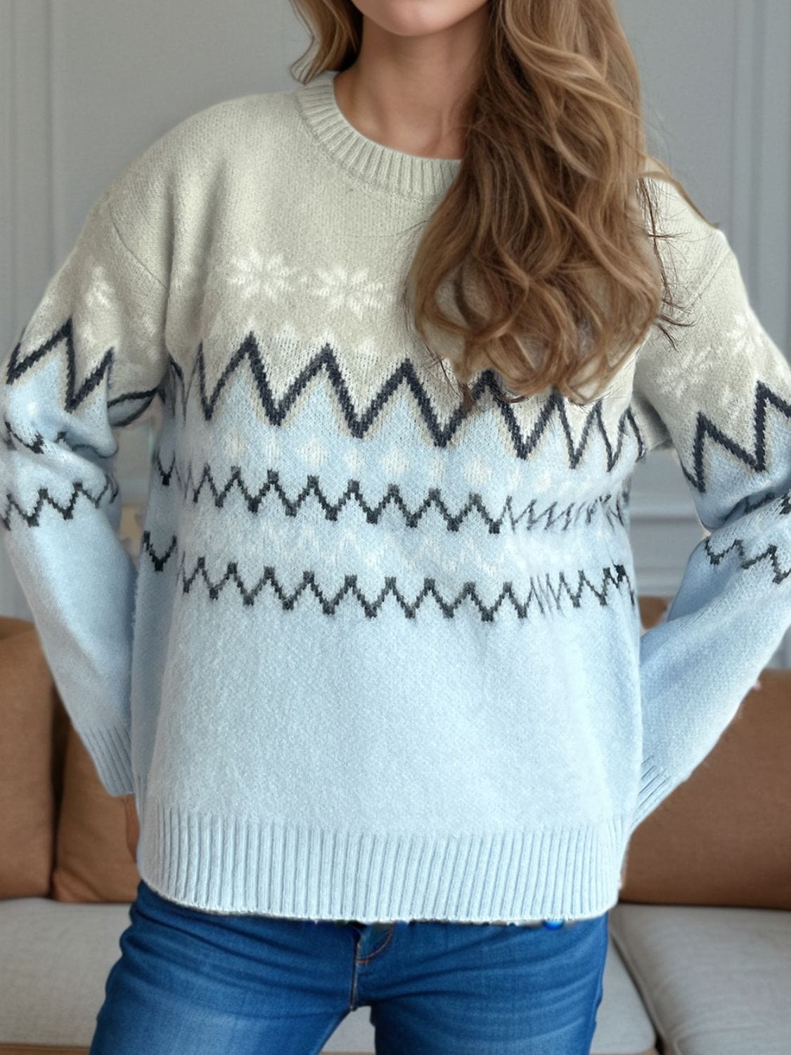 Chevron Contrast Round Neck Long Sleeve Sweater - Trendsi