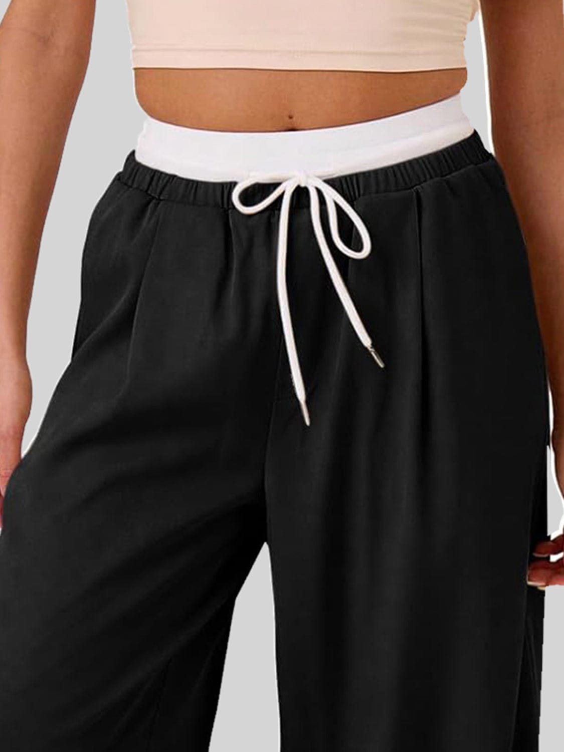 Contrast Waistband Drawstring Wide Leg Pants - Trendsi