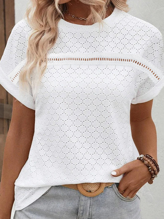 Eyelet Round Neck Short Sleeve Blouse - Flyclothing LLC