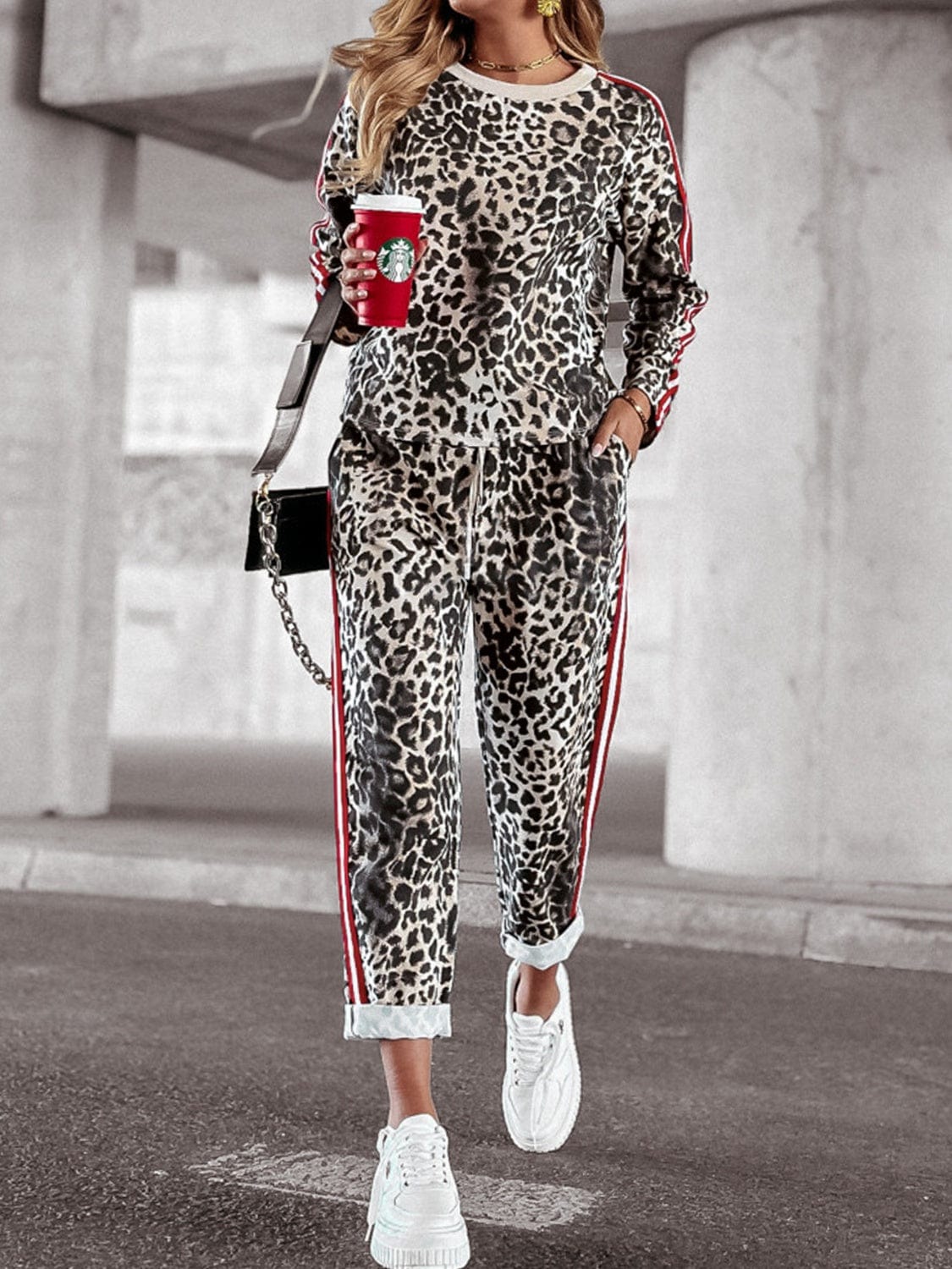 Leopard Round Neck Long Sleeve Top and Pants Set - Trendsi