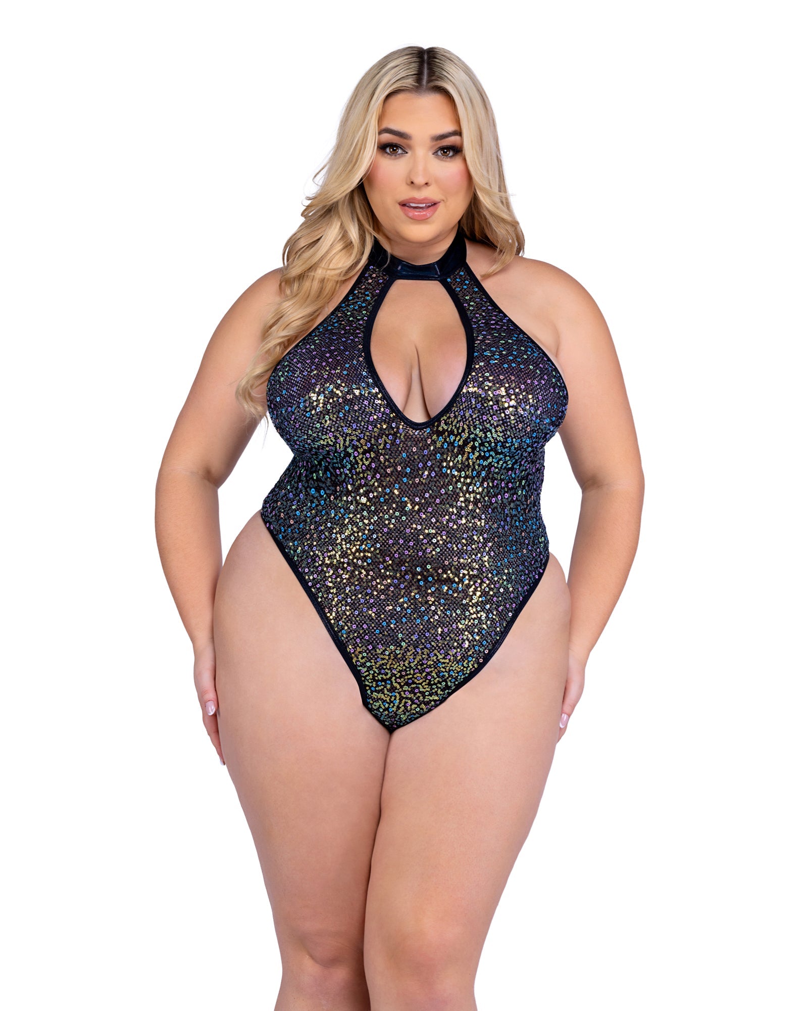 Roma Costume 6431 Sequin Fishnet Keyhole Romper - Flyclothing LLC