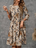 Printed Round Neck Three-Quarter Sleeve Dress - Trendsi