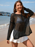 Openwork Slit Boat Neck Long Sleeve Cover-Up - Flyclothing LLC