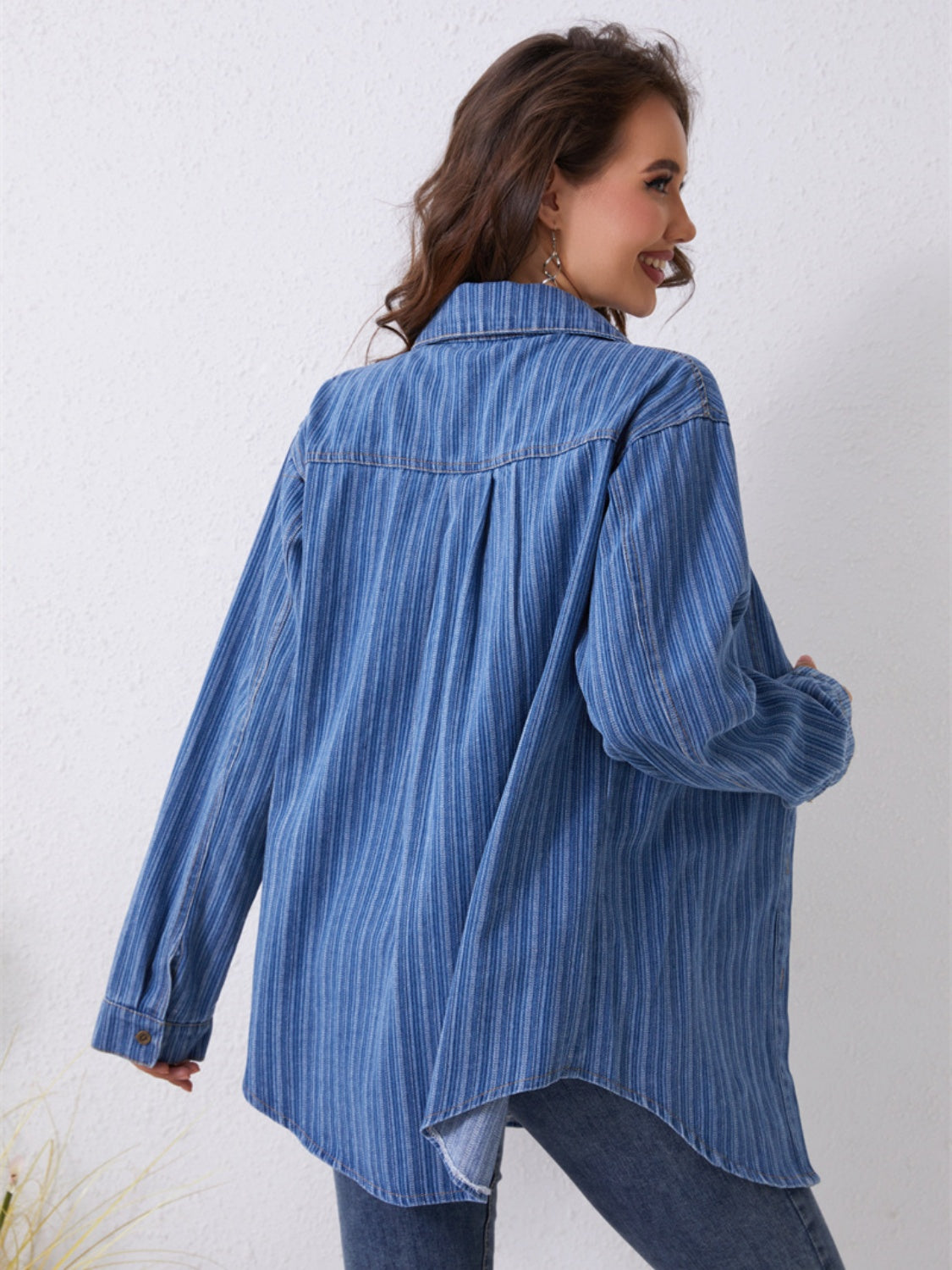 Pocketed Striped Button Up Denim Shirt - Flyclothing LLC