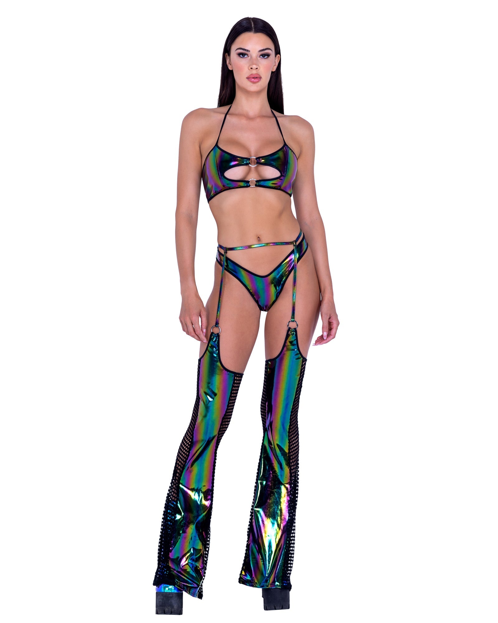 Roma Costume 6493 Rainbow Print Vinyl & Fishnet Chaps