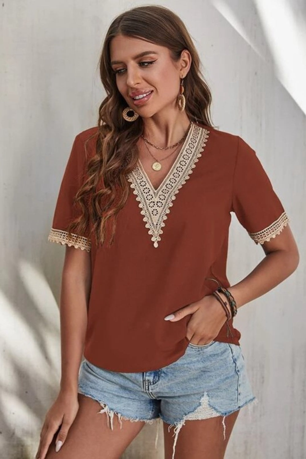 Full Size Lace Detail V-Neck Short Sleeve Blouse Trendsi