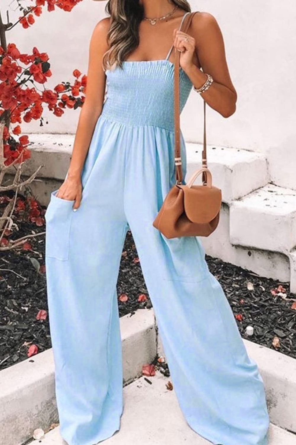 Smocked Spaghetti Strap Wide Leg Jumpsuit - Flyclothing LLC