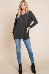 BOMBOM Checkered Long Sleeve V-Neck T-Shirt - Trendsi