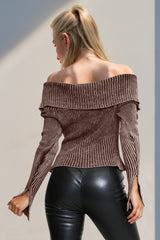 Double Take Ribbed Off-Shoulder Zip Up Long Sleeve Cardigan - Trendsi