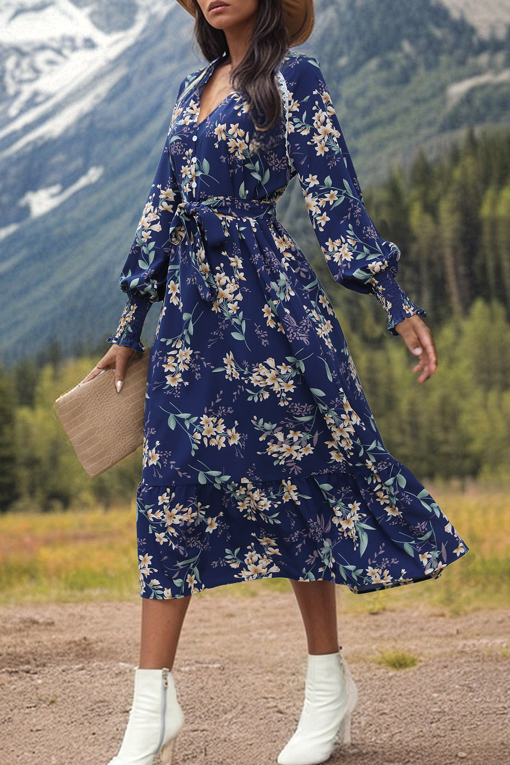 Printed Notched Lantern Sleeve Midi Dress - Flyclothing LLC