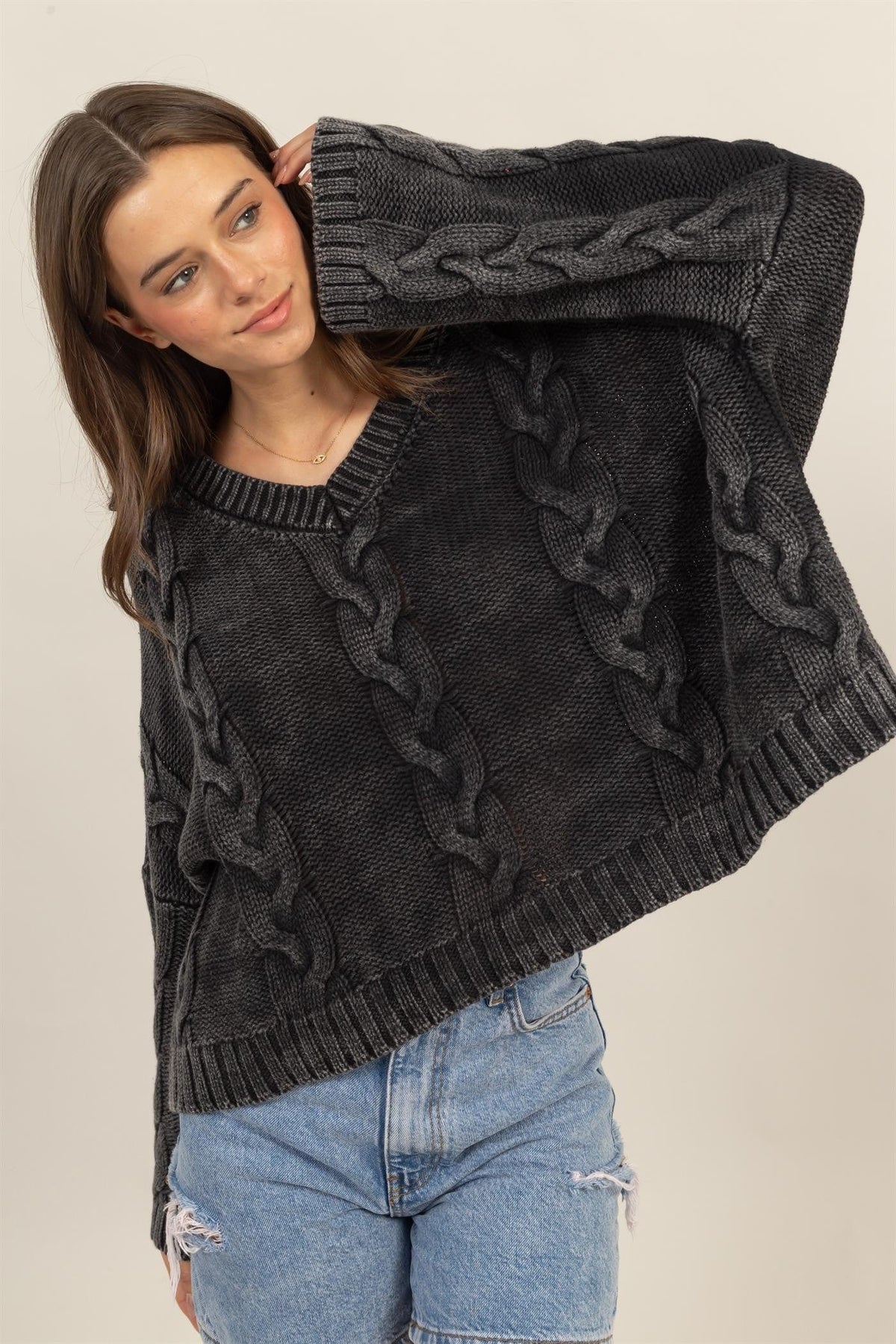 HYFVE Cable Knit V-Neck Dropped Shoulder Oversized Sweater - Trendsi