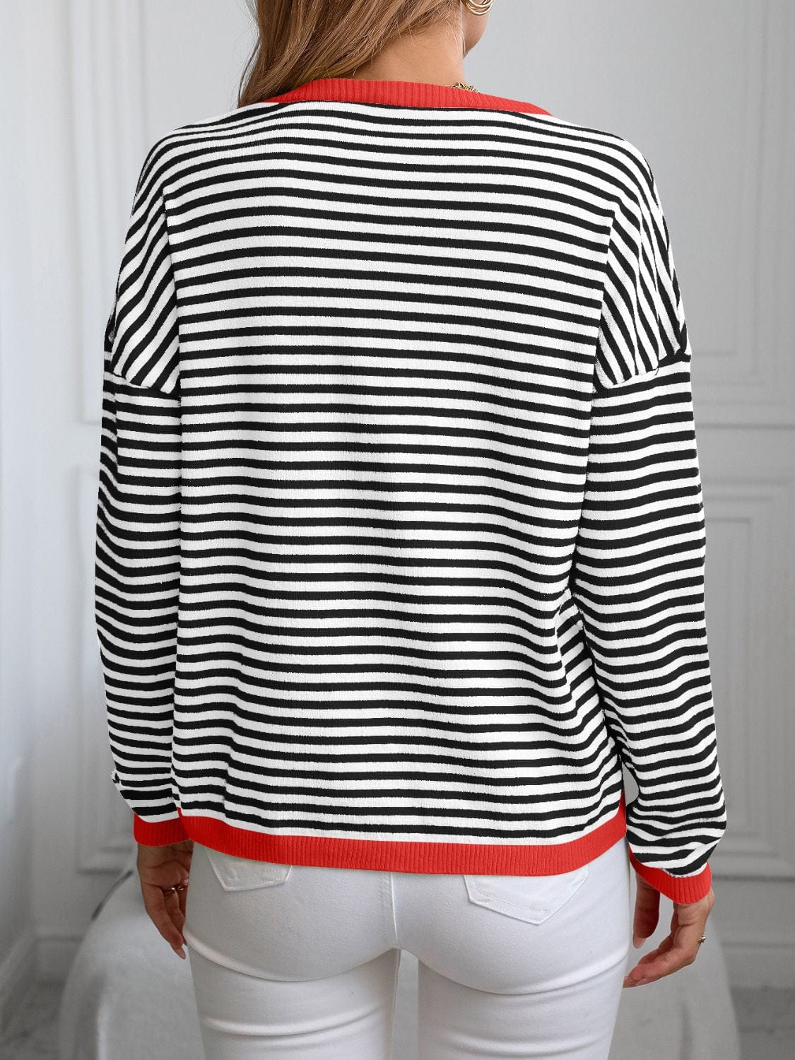 Contrast Trim Striped V-Neck Long Sleeve Knit Top - Trendsi